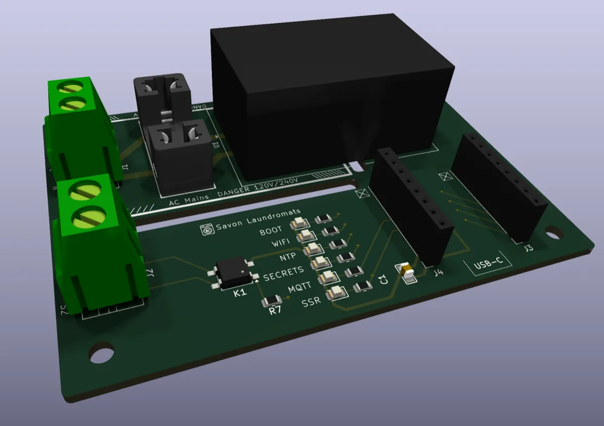 Rendu 3D KiCad de la carte Savon — carte PCB verte avec relais, borniers et port USB